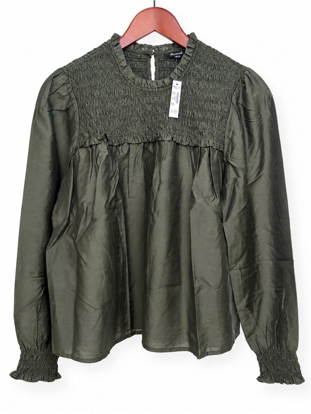 Madewell Smocked High Neck Blouse Midnight Olive Women's M NWT TENCEL
